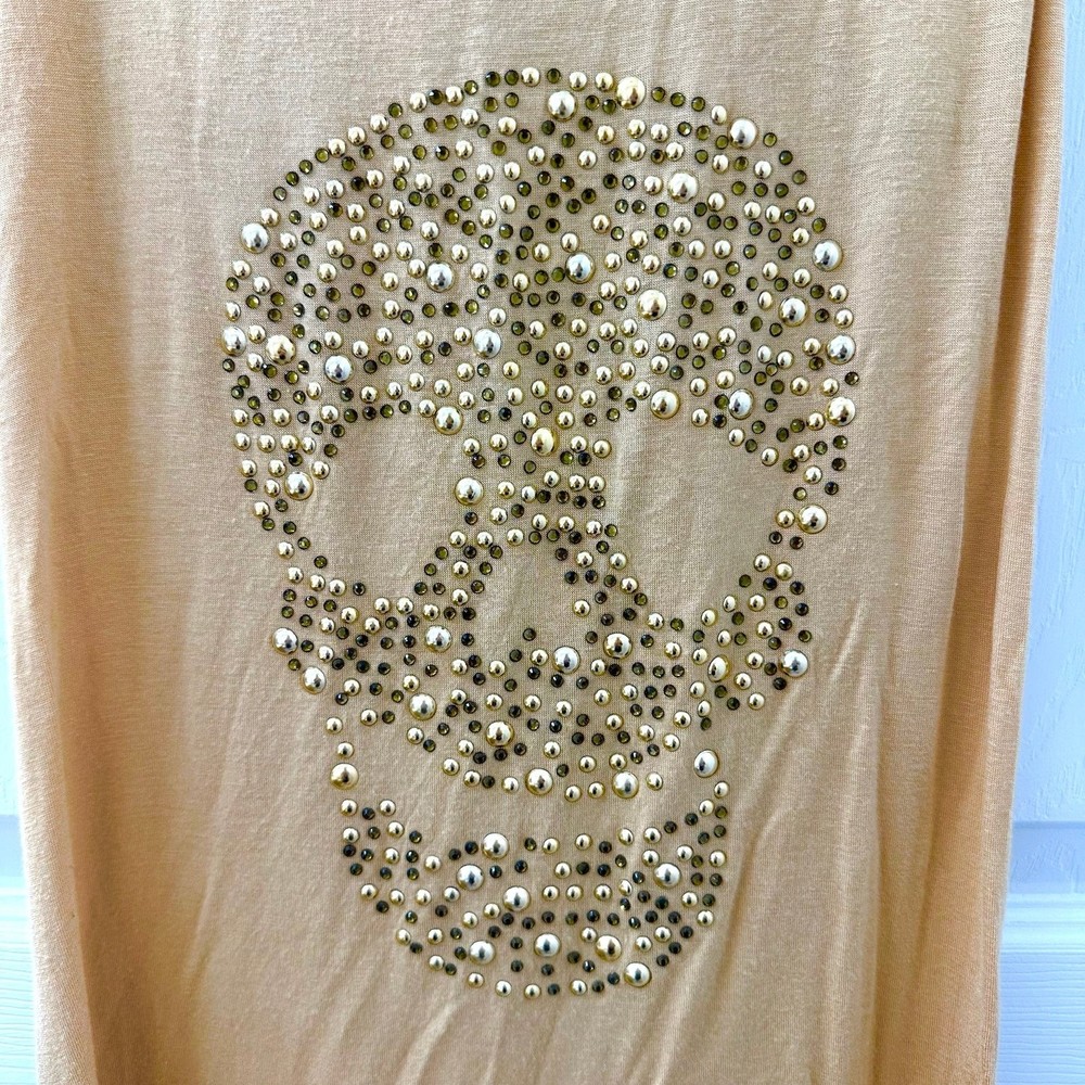 Women’s Rhinestone Sparkly Skull Skeleton Lace Racerback Tank Top Gold Small
